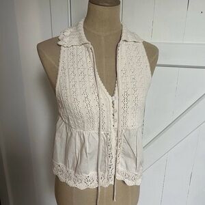 Anthropologie Ivory Crochet Knit Peplum Top S NWT Boho Lace Button Front
